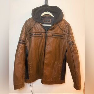Buckle Brown Leather Bomber Jacket with Black Accents